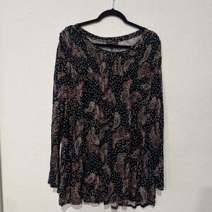 Lane Bryant Women Blouse 26/28 Black Paisley Crew Neck Pullover Tunic
